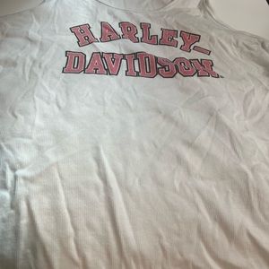 Harley-Davidson white tank top with pink lettering.